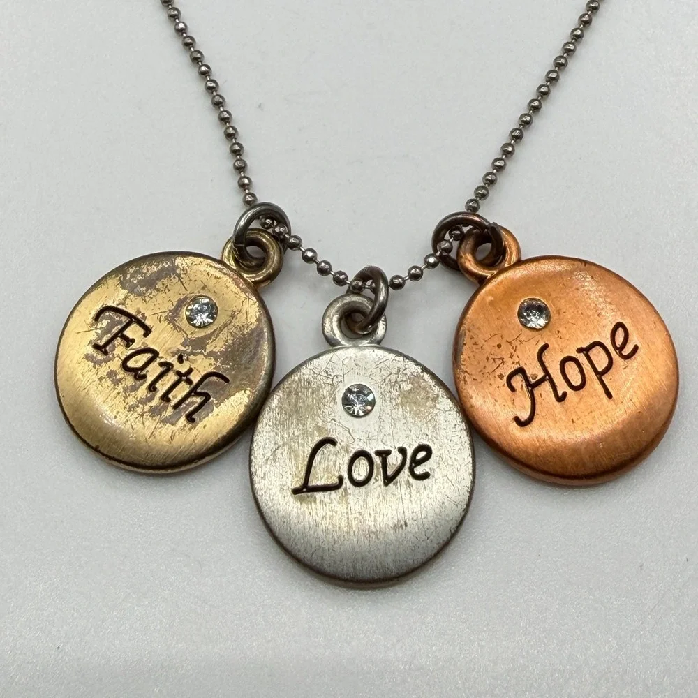 Faith Love Hope Rhinestone Charm Pendant Necklace Mixed Metal Inspirational Gift